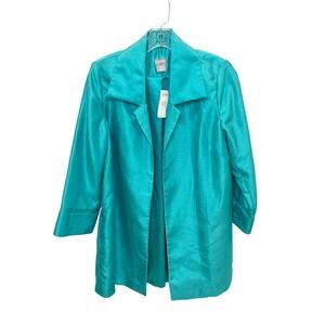 NEW Chicos Teal Faux Silk Shantung Topper Jacket 3/4 Sleeve Open Front 0 SMALL